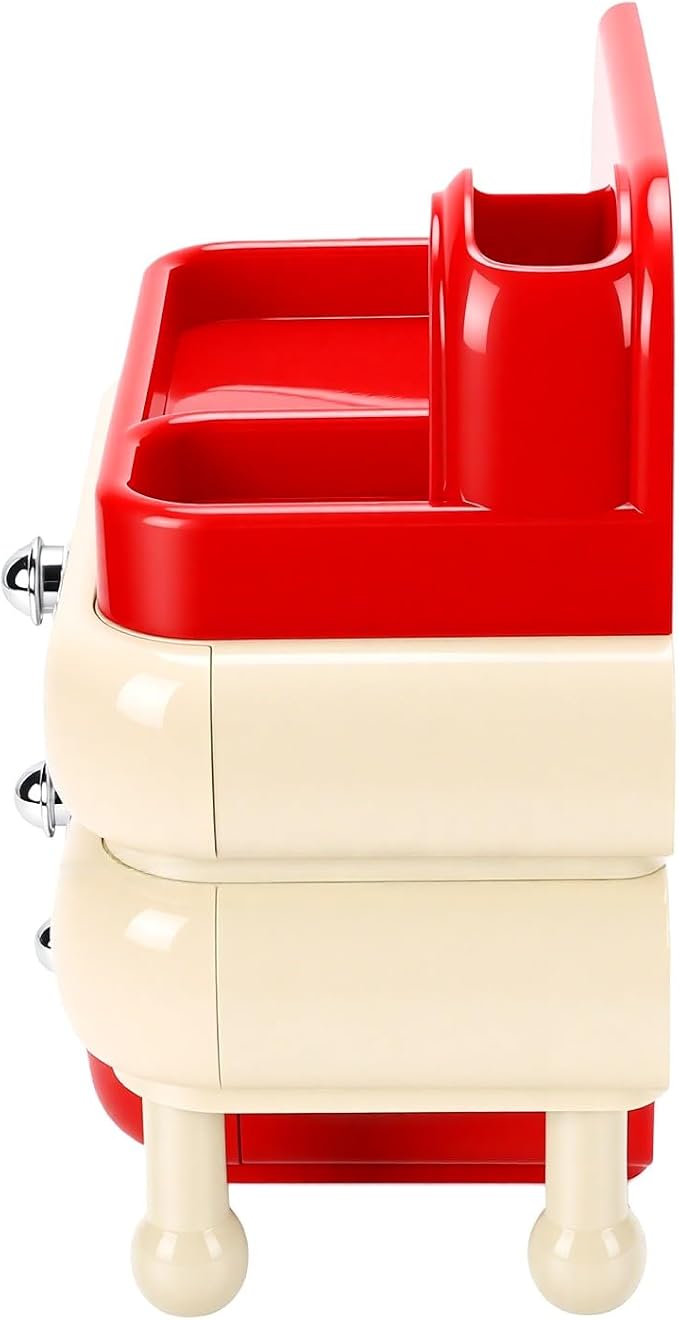 Yosoo Desktop Makeup Organizer with 3 Drawers Top Tray Dust Guard for Cosmetic Brushes Lipstick Skincare Storage (Red)