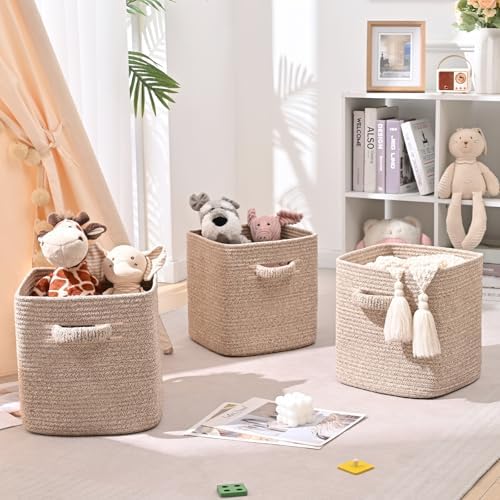 13 Inch Storage Cubes, 3 Pack Cube Storage Bins for Organizing, Cotton Rope Woven Baskets for Shelves, Bathroom, Kids Room, Closets, Baby Nursery