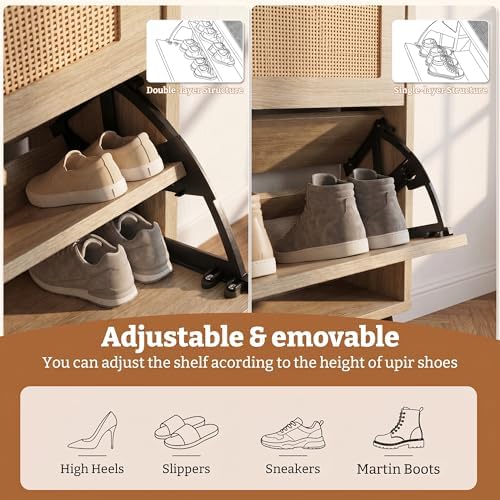 2 Flip Drawers Shoe Cabinet Storage for Kid’s/Women, Narrow Shoes Organizer Cabinetfor Front Door Entrance, Free Standing Hidden Wooden Shoe Rack (Wood)