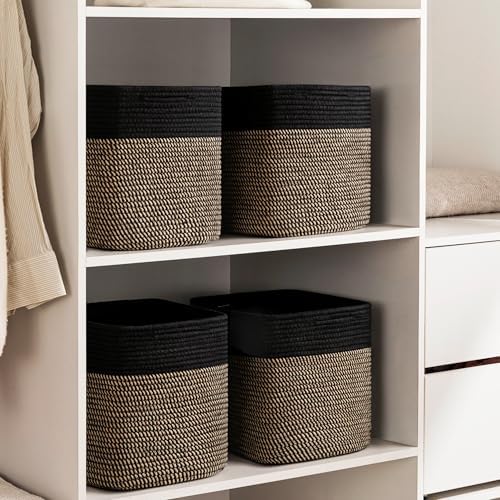 joybest 11inch Cube Storage Bins, Cotton Rope Woven Organizer Basket | Set of 4 Cube Bin Square Shelves Organizer Closet Storage, Nursery, Toy Organization, Black&Dark Brown