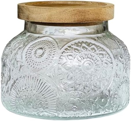 Decorative Flora Embossed Glass Jar with Airtight Wooden Lid, 40 fl. oz | Wide mouth vintage storage canister, kitchen pantry bathroom organization, coffee sugar tea cookie candy candle vase gift