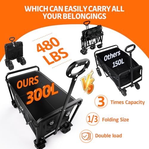 300L Wagons Carts Foldable Collapsible with Big All-Terrain Beach Wheels | 480lbs Large Heavy Duty Utility Wagon Cart and Folding Frame. Perfect for Groceries, Garden, Shopping & Sports. Black color.
