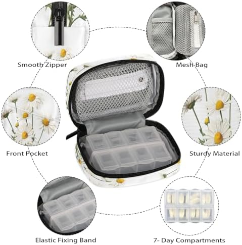 Pill Organizer Box Daisy Spring Flower 7-Day Weekly Medicine Pill Case Travel Pill Container Portable Pill Holder Storage Purse Bag Small Compact Size for Vitamin Supplement Birth Control