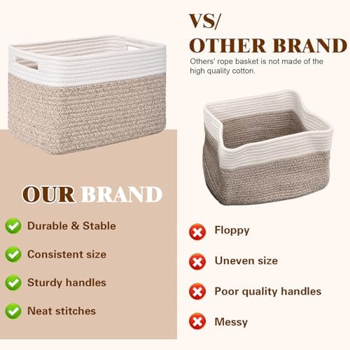 Storage Baskets for Organizing, 4 Pack Baskets for Shelves, Decorative Storage Bins for Shelves, Cotton Rope Storage Basket with Handles, Woven Basket for Storage, 13''Lx8.7''Wx7.9''H, White & Brown