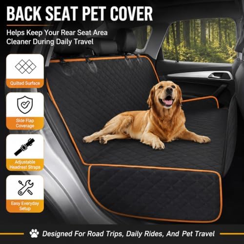Dog Car Seat Cover for VW Caddy Transporter Crafter Amarok, Pet Seat Cover with Side Flaps, Durable Dog Hammock for Car Back Seat, Rear Seat Protector for Cars, SUVs & Trucks,B Black Orange