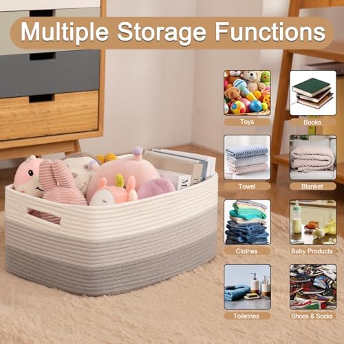 OIASKET Large Storage Basket for Organizing, Woven Rope Basket for Shelves, Closet Organizer Bins for Clothes, Blanket, Toys, Baby Nursery Storage, 17.7" x 13" x 7.87", 3 Packs Gradient Grey