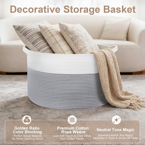 90L Large Blanket Basket Storage with Handles - White & Gray