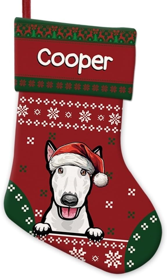 Personalized Christmas Stocking Bull Terrier Dog Red Christmas Snowflake Xmas Holiday Stocking Fireplace Home Decor 14"