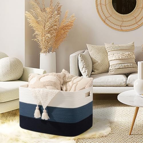 OIAHOMY 118L Extra Large Blanket Basket Cotton Rope Storage Basket Blue | 5" x 17" x 16", Rectangular Baskets Living Room,Used for storing Dirty Clothes, Toy Storage for Nursery Brown Black