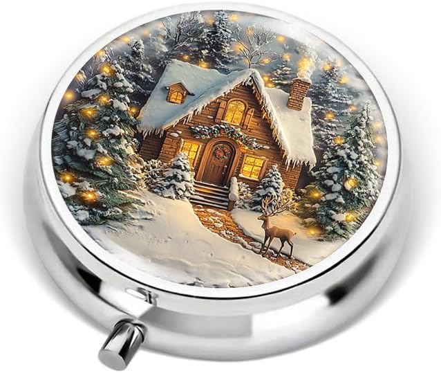 Portable Round 3 Compartment Metal Pill Box Beautiful Wall Hanging with Christmas House for Holiday Celebration Travel and Everyday Organization