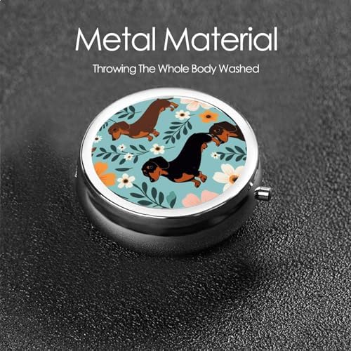 Dachshund Floral Printed Pill Organizer,Round Travel Pill Organizer Mini Medicine Pill Box for Purse Iron Plating