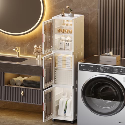 3-Tier Slim Tall Bathroom Storage Cabinet，Narrow Bathroom Storage Cabinet with Transparent Doors and Shelves, Suitable for Small Spaces, Bathrooms, Kitchens, Laundry Rooms,White (9.8x11.4x47.2)