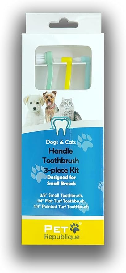 Pet Republique Extra Small Breed Toothbrush Kit for Dogs & Cats, 1/4” PointedBrush, 1/4” FlatBrush, 3/8” RegularBrush (3-Piece Kit); Works on Yorkie, Chihuahua, Pomeranian, and Miniature Breeds