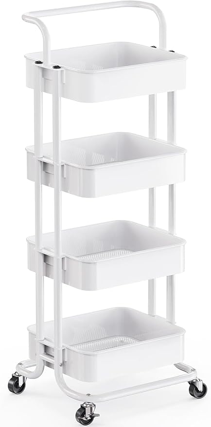 Pipishell Metal 4 Tier Rolling Cart with Handle & 2 Lockable Wheels, White | Four Large 2" Wheels for Easier Movement, Sturdy Metal, Hold 22 lbs per Shelf, Ventilated Mesh Design, for Office and Kitchen