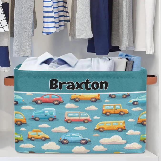 Custom Storage Baskets for Kids with Name, Large Foldable Organizer Collapsible Storage Bin with Leather Handle for Home Toys Closet Nursery, Colorful Bus Taxi Clouds