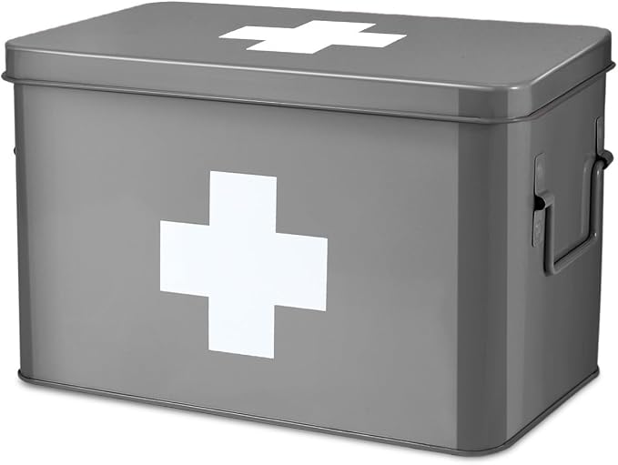 Flexzion Large Metal First Aid Box Empty, 13-Inch, Gray with White Cross | Vintage Medicine Box and First Aid Storage Organizer with Removable Tray and Dividers; Empty Box Only, Supplies Not Included