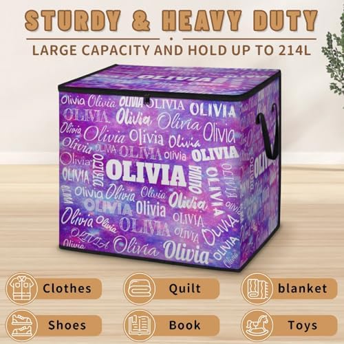 Custom Storage Baskets Cubes for Home with Name, Large Foldable Organizer Collapsible Storage Bins for Home Blanket Comforters Clothes Closet Nursery, Watercolor Purple Galaxy Background