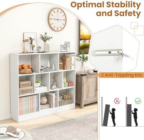 Giantex 10 Cube Bookcase, 4-Tier Freestanding Bookshelf w/ 10 Open Compartments, 2 Anti-Tipping Kits, Modern Display Cabinet, 41" Wood Cubby Storage Organizer for Living Room, Bedroom, White