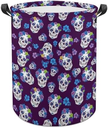 Collapsible Waterproof Laundry Basket Flowers And Skulls Purple, Portable Hamper with Handles for Clothes, Toys, and Home Organization