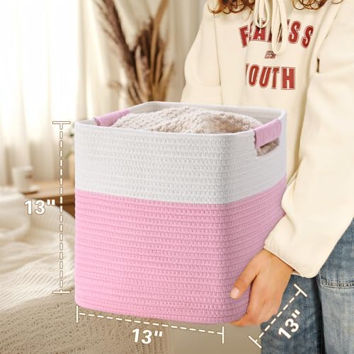 13 Inch Storage Cubes, 3 Pack Cube Storage Bins for Organizing, Cotton Rope Woven Baskets for Shelves, Bathroom, Kids Room, Closets, Baby Nursery