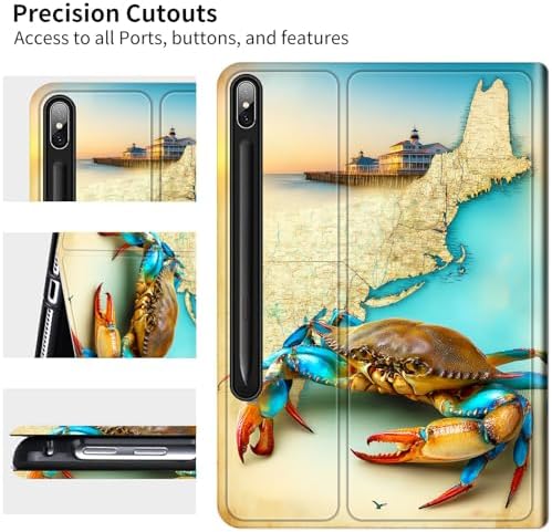 for Samsung Galaxy Tab S9 11 Inch/S9 FE 10.9 Inch 2023 Case | Slim Leather Smart Cover with Multi-Angle Anti-Slip Stand [Auto Wake/Sleep] Shell for Women Men, Map Crab