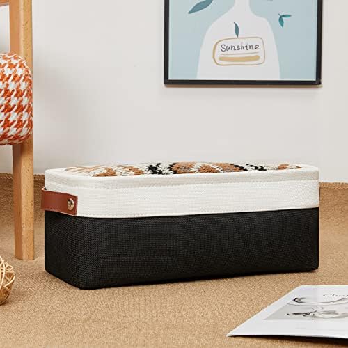 DULLEMELO Toilet Paper Storage Basket with Leather Handles, for Back of Toilet, Bathroom Storage for Towels & Paper (White & Black)
