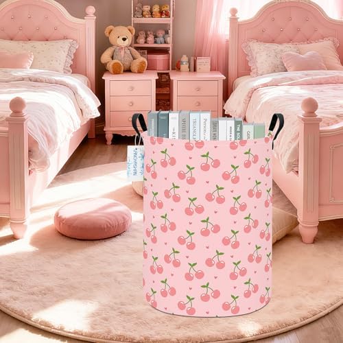 Round Laundry Basket Collapsible Storage Hamper Organizer Pink Cherry | Waterproof Canvas Foldable Baskets with sturdy Handles Multi-scene Organizer for Home Play Bedroom Gift Bin