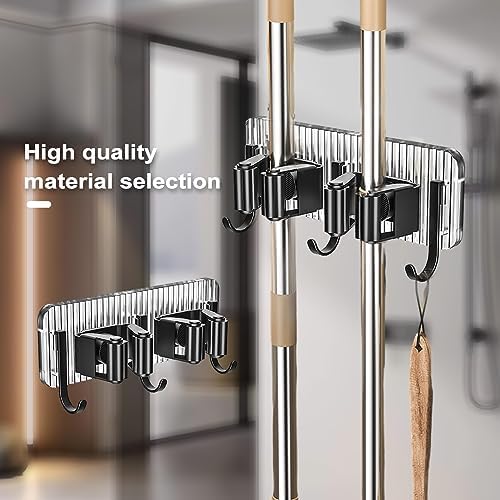 Mop Broom Holder,Wall Mount Wood Broom Mop Hanger, Racks Stainless Steel, Wall Mount Metal Organization,Heavy Duty Hooks Self Adhesive for Daily Household Cleaning Supplies Placement & Storage Grey