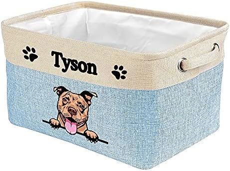 Custom Storage Basket with Lovely Dog Pit Bull Collapsible Sturdy Fabric Pet Toys Fabric Dog Toy Storage Bin Cube with Handles for Organizing, Blue amd White