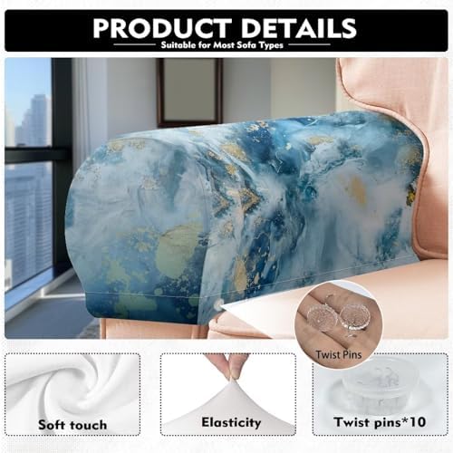 Couch Arm Covers Marble Print Arm Chair Covers Slipcover Waterproof Furniture Protector for Sofa Chair Armchair Slipcovers for Recliner, Set of 2
