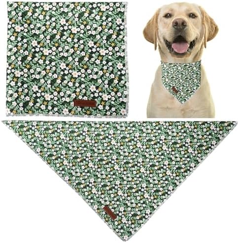 Summer Dog Bandana,Cute Pet Bandana with Flower Pattern,Adjustable Green Puppy Dog Bibs,Washable Triangle Dog Scarf for Boy,Girl Dogs or Cats…