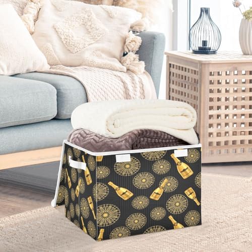 Storage Bins with Lids Gold Champagne Bottles and Foldable Storage Boxes with Handles Large Storage Basket Collapsible Organizer Containers for Closet Home Bedroom Office