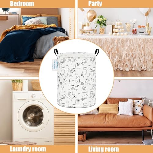 Round Laundry Basket Collapsible Storage Hamper Organizer Cat | Waterproof Canvas Foldable Baskets with sturdy Handles Multi-scene Organizer for Home Play Bedroom Gift Bin
