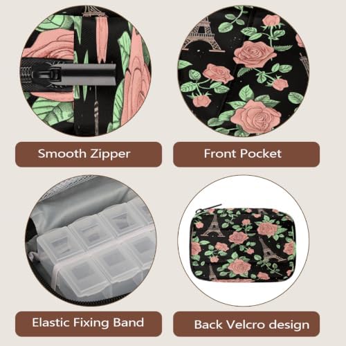 Travel Pill Organizer Pink Rose Eiffel Tower Pattern Small Pill Case
