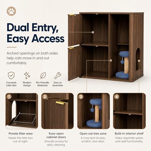 31.5 Inch Cat Litter Box Enclosure with Cat Tree Cabinet, Walnut | Hidden Litter Box Furniture with Dual Entry Doors, Storage Shelf, Sisal Scratching Post and Modern Side Table Design