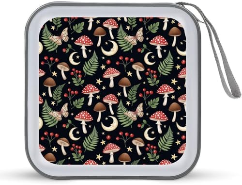 Portable Protective CD Holder Moon Moth Mushroom, 40-Disc Hard Case with Zipper, Storage Binder for Music Movies Game Collections