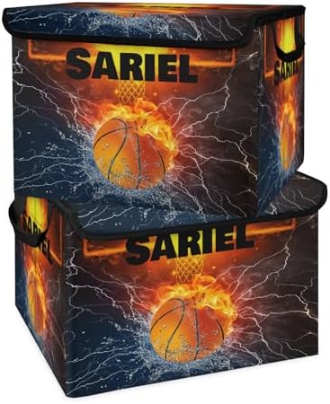 Basketball Storage Bin with Lid Personalized Storage Baskets for Organizing Foldable Closet Organizers with Handles,Cute Basket for Boys Girls for Clothes Blanket Pet Dog Toy Basket Storage (2 Pack)