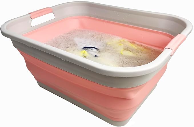 SAMMART 41L (10.8 gallon) Collapsible Plastic Laundry Basket - Foldable Pop Up Storage Container/Organizer - Portable Washing Tub - Space Saving (Grey/Quartz Pink, Rectangular)