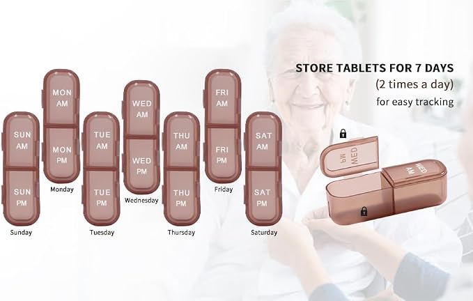 Pill Organizer 2 Times a Day, Weekly Travel Case for Vitamins, Fish Oils + 2 Detachable Cute Boxes (Brown)