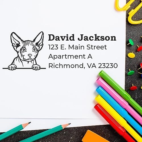 Peeking Minskin Cat Wood Handle Address Stamp - 4 Lines of Custom Text | Any standard pad works. Customised Address Stamp for Pet Sitters. Made to Order Minskin Cat Return Address Stamp.