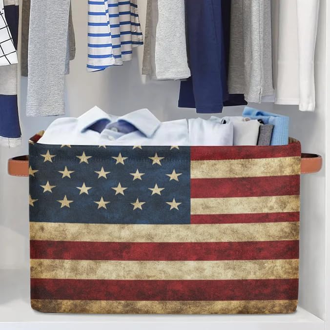 American USA Flag Storage Baskets with Handles Fabric Storage Boxes Collapsible Nursery Basket for Shelf Book Cloth 15 X 11 X 9.5 IN Closet Organizer Bins