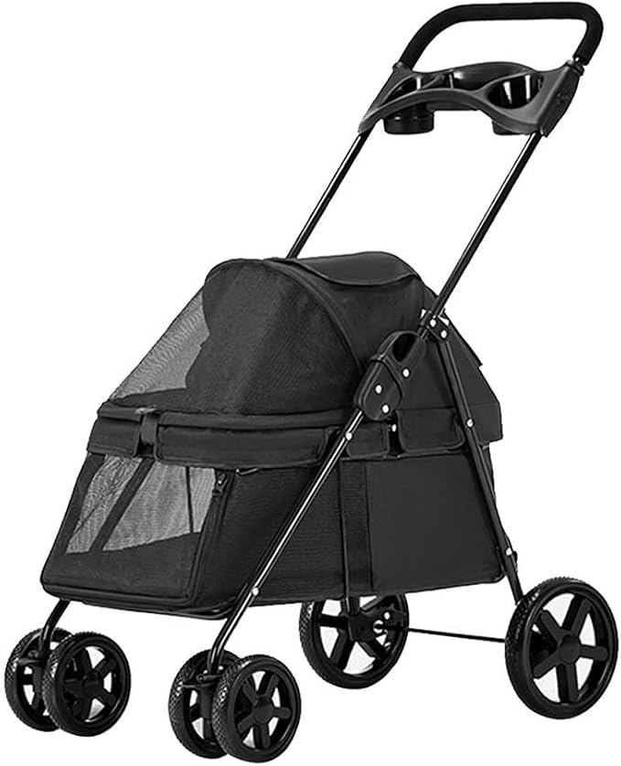 Pet Stroller -Foldable Dog Stroller Small Medium Dogs Cats Pushchairs Portable Travel Carriage Dog Strollers with Storage Basket Cup HolderBreathable Mesh (Color : Black)