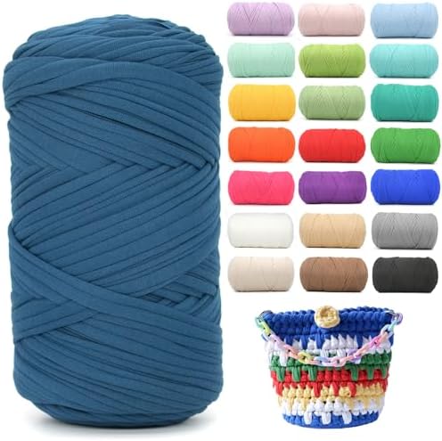 400g Tshirt Yarn for Crochet,Denim Blue T Shirt Soft Elastic Fabric Chunky Thick T-Shirt Crochet Yarn for Crocheting Knitting Beginner Hand Knitting for Bag/DIY Craft/Home Decor-Denim Blue