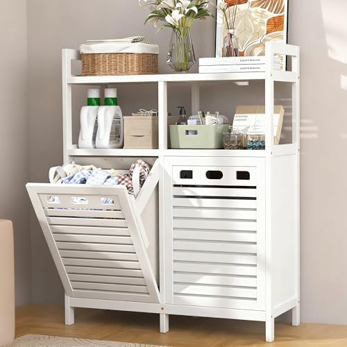 VASMIA Tilt Out Laundry Hamper Cabinet, Bamboo Double Laundry Hamper with 2 Removable Laundry Baskets, 20 Gal Laundry Sorter Organizer with Shelf for Dirty Clothes, Bathroom, Laundry Room, White