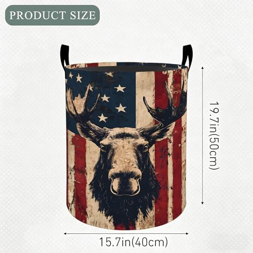 Moose Laundry Basket Hamper, Organizer Bins Gifts for Women Kids, Rustic American Flag Cabin Foldable Waterproof Clothes Hamper Handles Storage Bucket for Bedroom Bathroom Room Decor 19.7"x15.7"