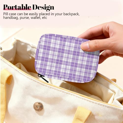 Travel Pill Organizer Purple White Plaid Pattern Small Pill Case