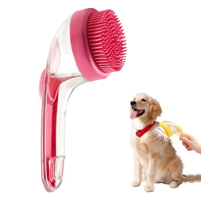 2025 New Pet Bath Brush, 2 in 1 Dog Bathing Grooming Massage Brush with Shampoo Dispenser, Dog Scrubber for Long Short Haired Dogs and Cats (Red)