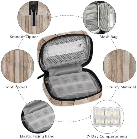 Pill Organizer Box Retro Wood Board Wood Grain 7-Day Weekly Medicine Pill Case Travel Pill Container Portable Pill Holder Storage Purse Bag Small Compact Size for Vitamin Supplement Birth Control