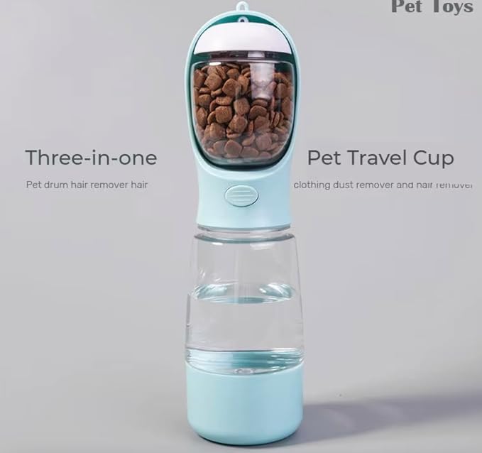Portable Dog Water Bottle with Bowl, Food Container & Poop Bag Holder, 13.5 oz, Leak Proof Travel Pet Water Bottle for Dogs & Cats, Food Grade Plastic Dispenser for Walking, Hiking & Camping (Green)