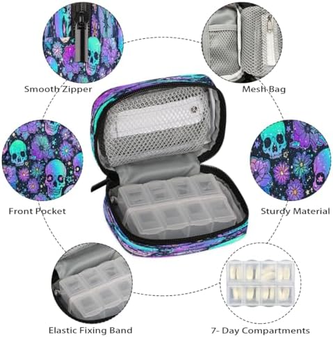 Pill Organizer Box Flowers Skull Halloween 7-Day Weekly Medicine Pill Case Travel Pill Container Portable Pill Holder Storage Purse Bag Small Compact Size for Vitamin Supplement Birth Control